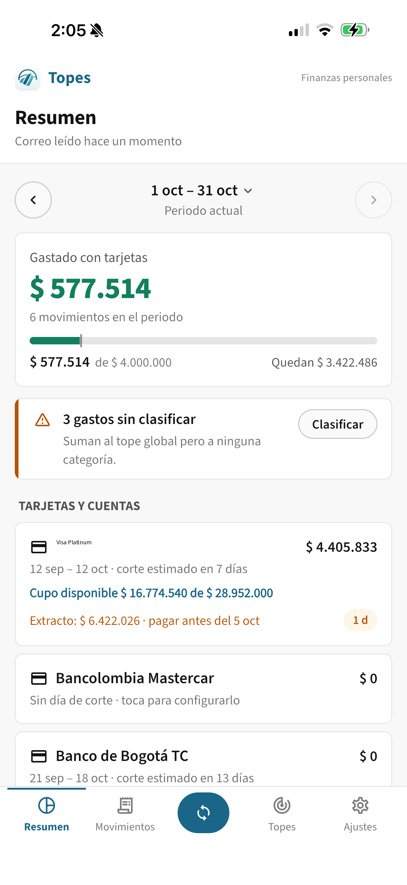 Pantalla Resumen de Topes: gastado con tarjetas $577.514 de un tope de $4.000.000, y tarjetas con su ciclo de corte