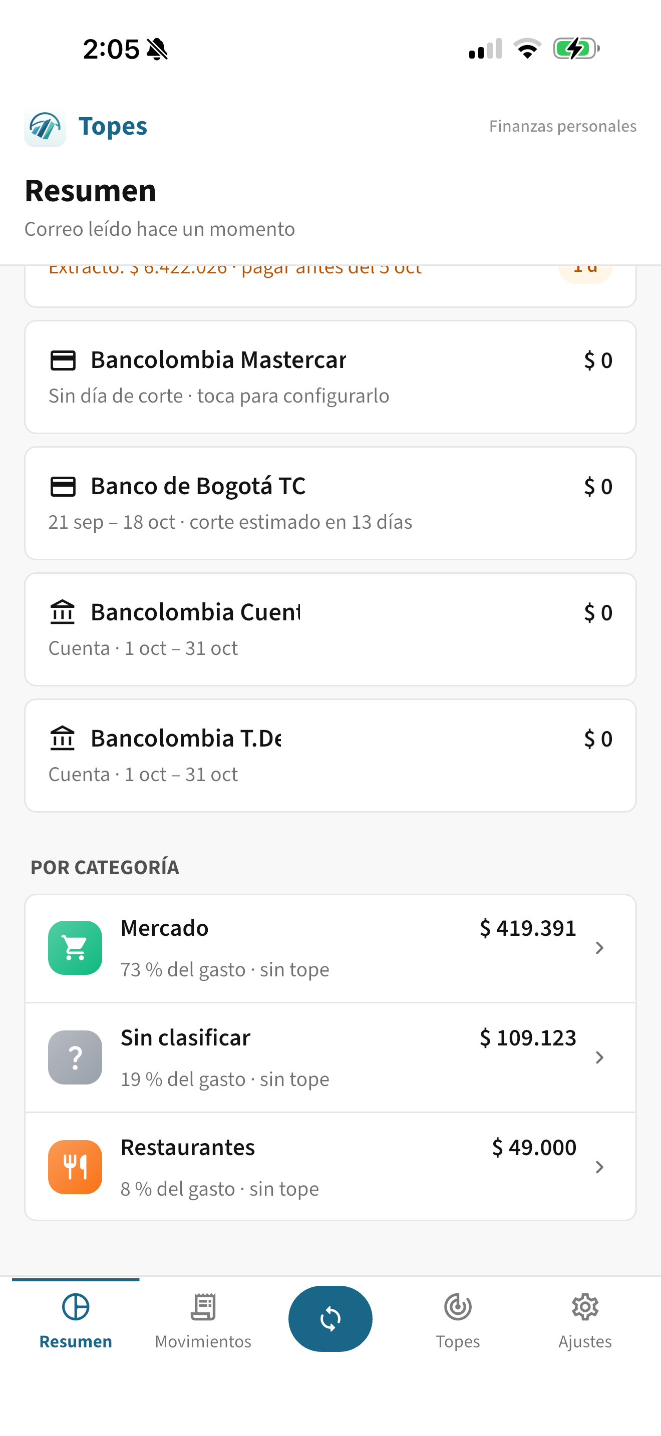 Pantalla de Topes con el gasto por categoría: Mercado 73 %, Sin clasificar 19 %, Restaurantes 8 %