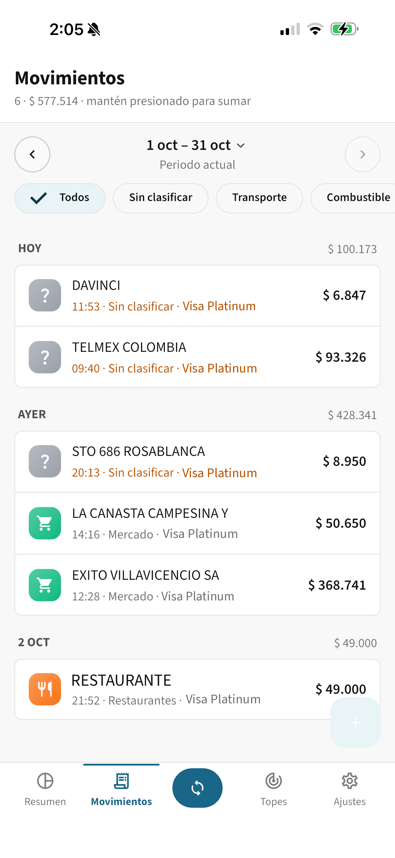 Pantalla Movimientos de Topes con las compras del mes agrupadas por día
